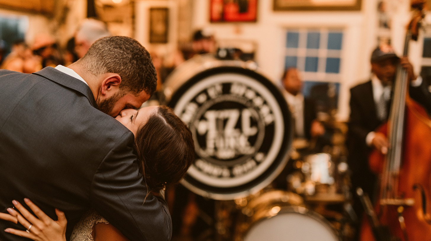 A couple's first dance in front of a live band