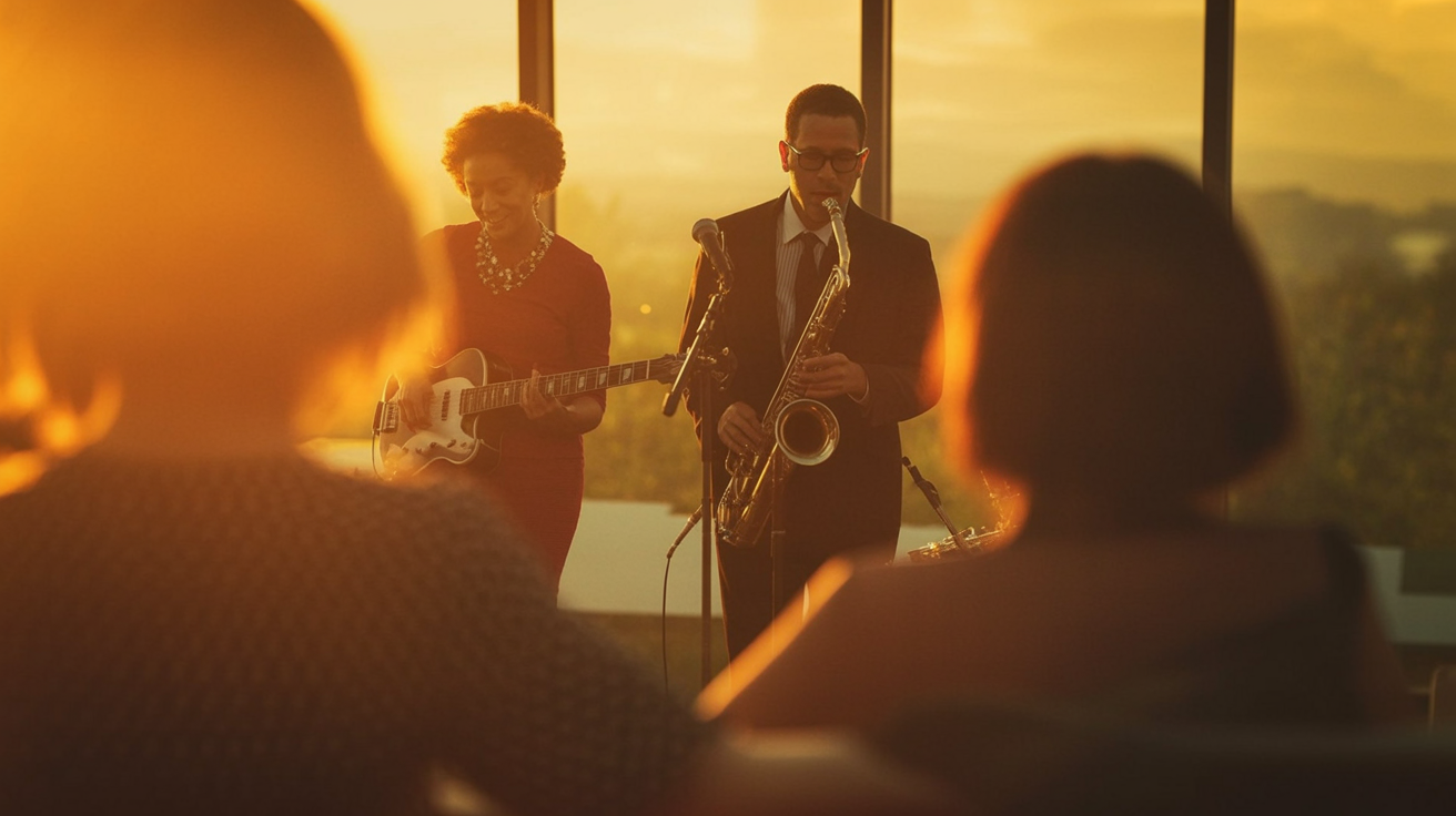 A duo playing to seated guests at golden hour