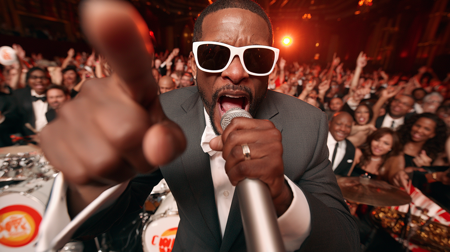 A vocalist working a packed corporate ballroom